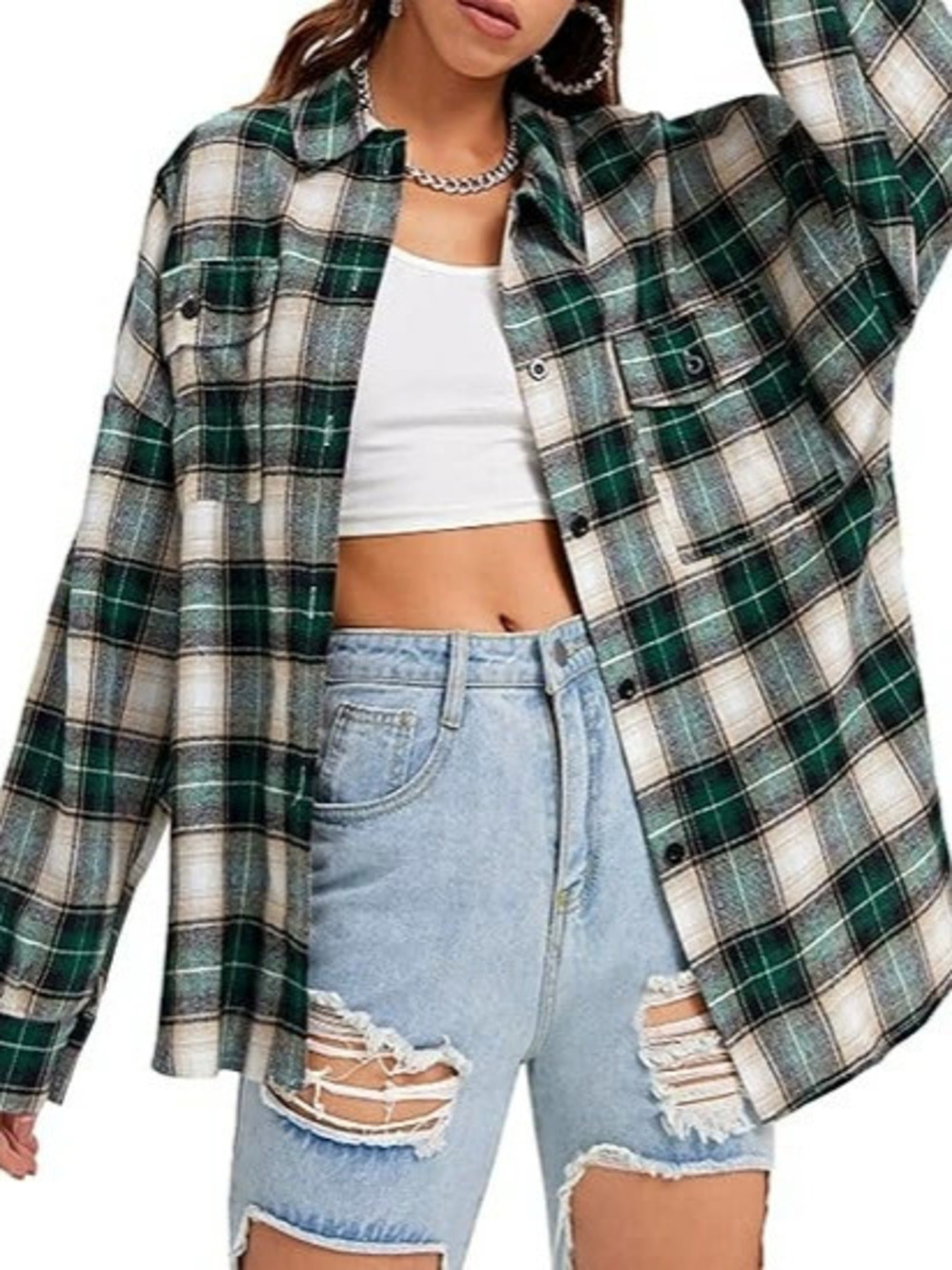ZARA Women Retro Green Plaid Shirt Loose Long Sleeve Slim Fit Autumn Winter Top